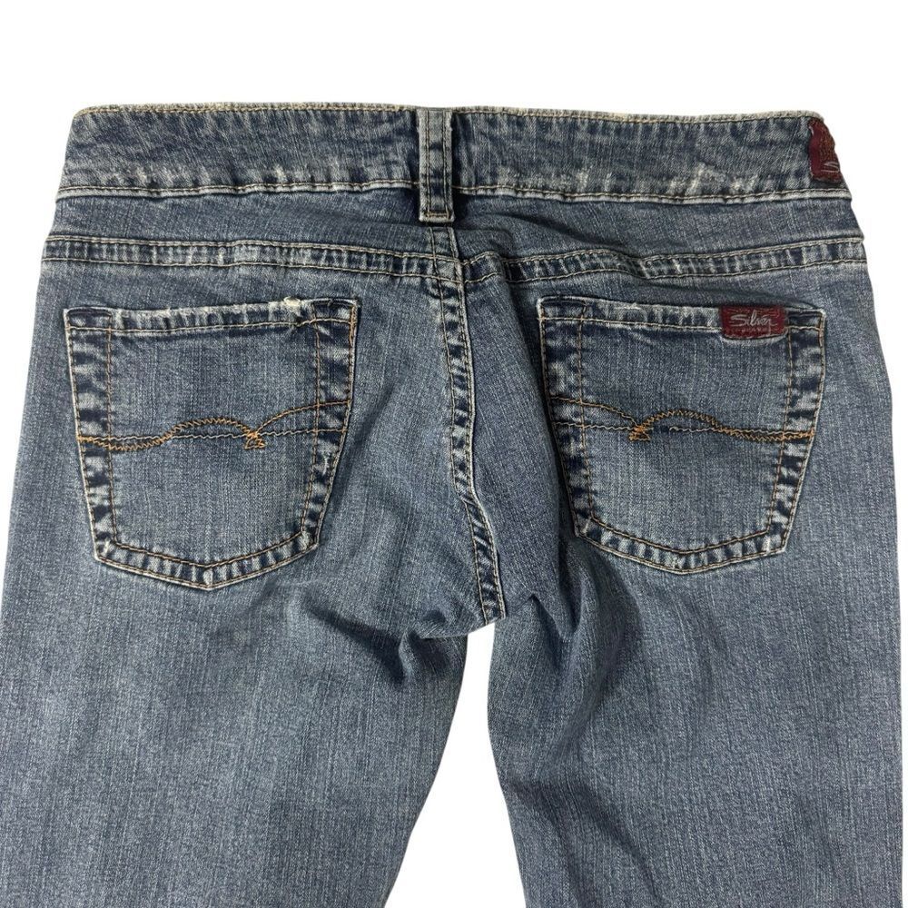 Silver Jeans Dark Wash Blue Cotton Denim Flare Leg Jeans Distressed size 31/33 - Picture 7 of 14